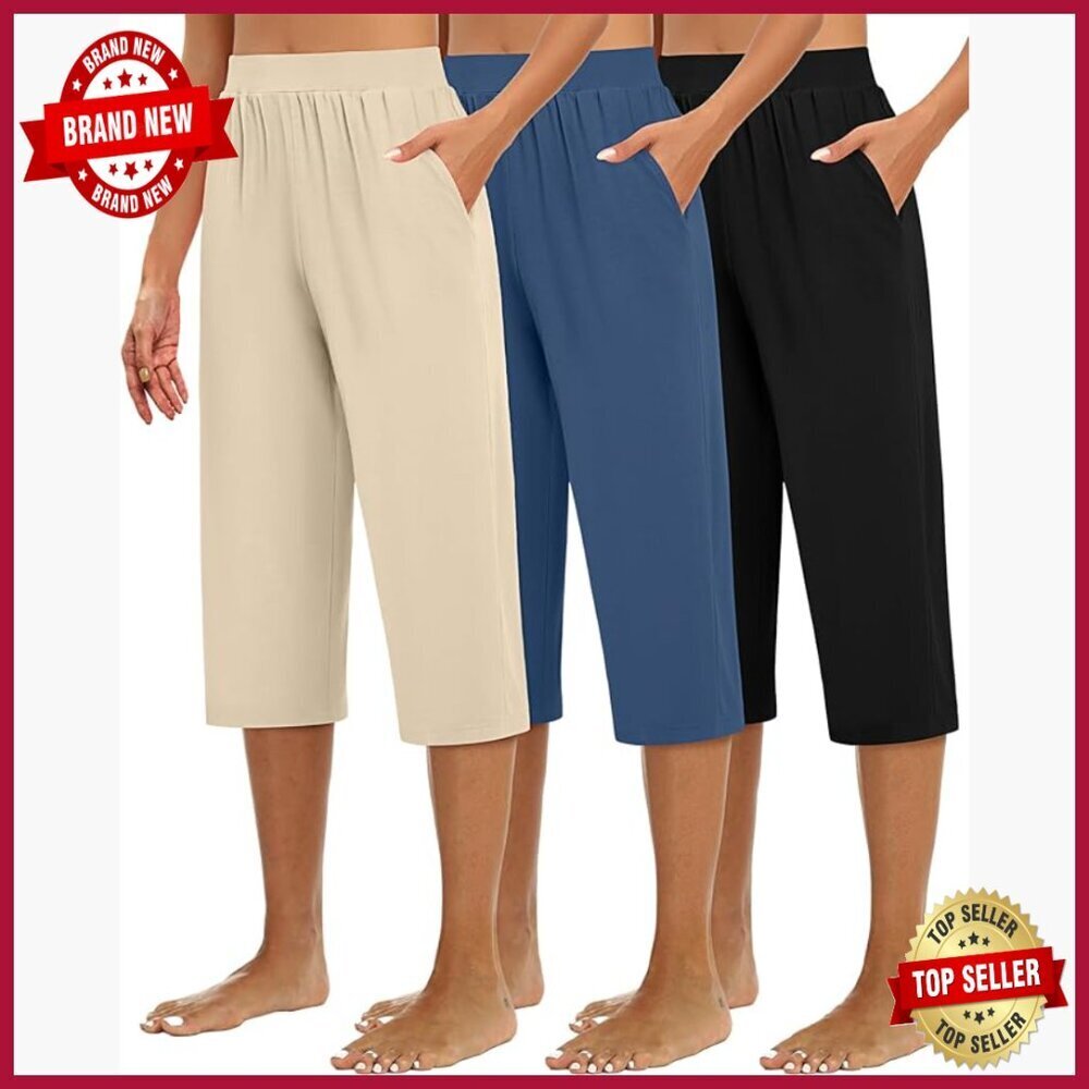 3 Pack Women's Capri Sweatpants Wide Leg Joggers Pockets Yoga Lounge